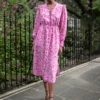 Stella Silk Midi Dress - Hot Pink Damask Print -Cefinn Clothing Store 269A9272