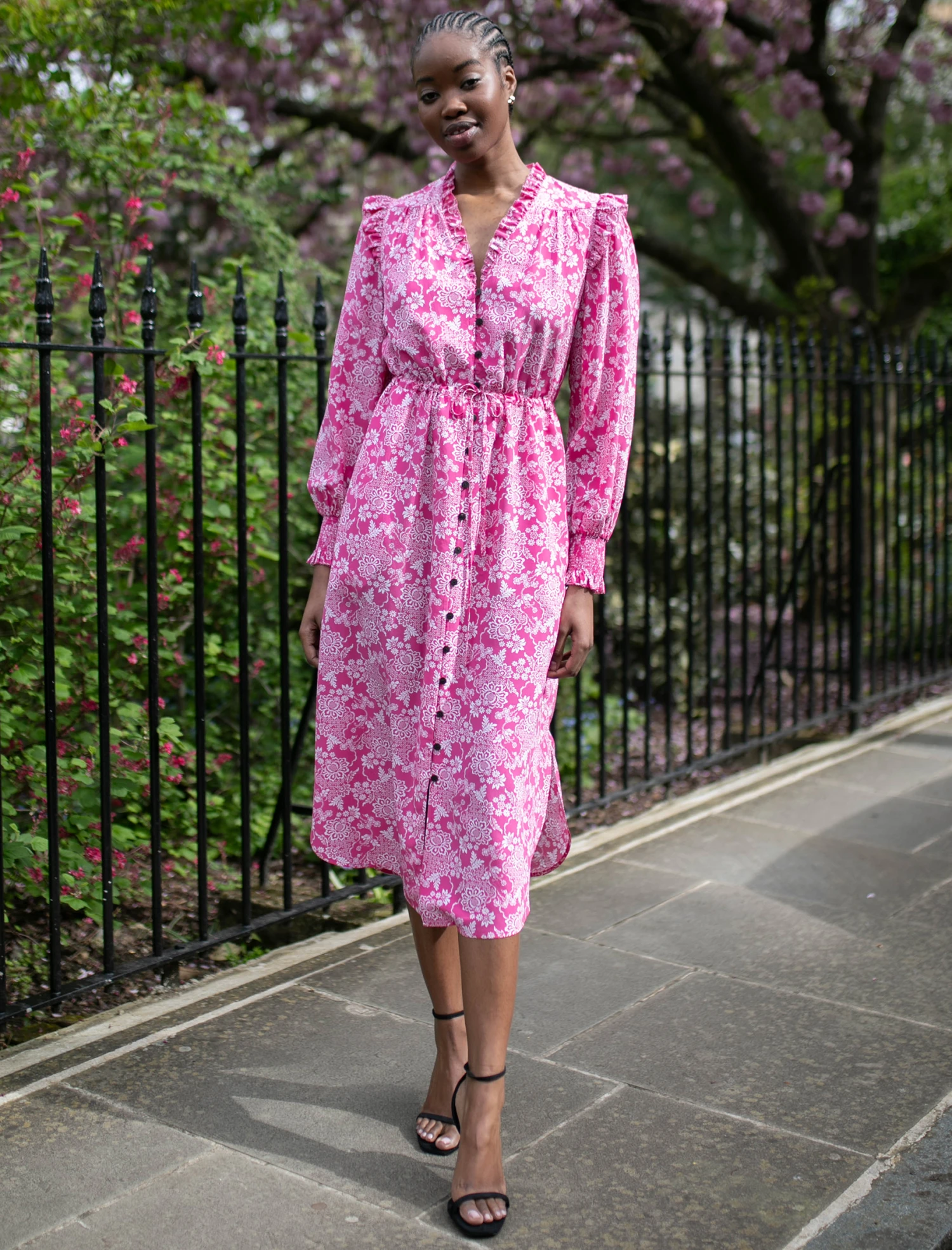 Stella Silk Midi Dress - Hot Pink Damask Print 3 Stella Silk Midi Dress - Hot Pink Damask Print