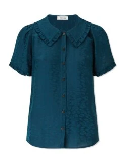 Rosa Silk Blend Blouse - Petrol Blue Leopard Pansy Print -Cefinn Clothing Store AU22 B139 ROSA PETROL BLUE CO