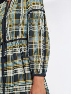 Katie Organic Cotton Seersucker Maxi Dress - Navy Yellow -Cefinn Clothing Store AU23 D556 KATIE NAVYYELLOW LS 484