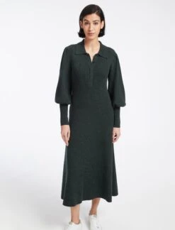 Eva Merino Wool Collared Knit Maxi Dress - Dark Green -Cefinn Clothing Store AU23 D558 EVA DARKGREEN LS 12826