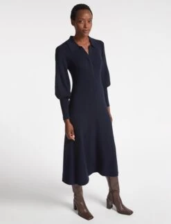 Eva Merino Wool Collared Knit Maxi Dress - Navy -Cefinn Clothing Store AU23 D558 EVA NAVY LS 3712