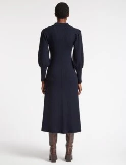 Eva Merino Wool Collared Knit Maxi Dress - Navy -Cefinn Clothing Store AU23 D558 EVA NAVY LS 3752