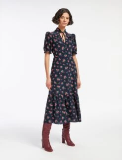 Rebecca Silk Midi Dress - Navy Posy Print -Cefinn Clothing Store AU23 D562 REBECCA NAVYPINKPOSYPRINT LS 13782