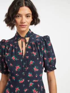 Rebecca Silk Midi Dress - Navy Posy Print -Cefinn Clothing Store AU23 D562 REBECCA NAVYPINKPOSYPRINT LS 13814