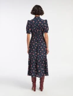 Rebecca Silk Midi Dress - Navy Posy Print -Cefinn Clothing Store AU23 D562 REBECCA NAVYPINKPOSYPRINT LS 13842