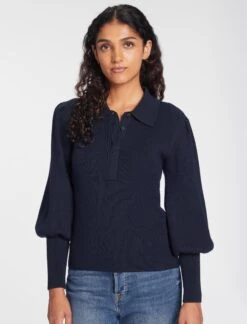 Eva Merino Wool Collared Jumper - Navy 10 Eva Merino Wool Collared Jumper - Navy -Cefinn Clothing Store AU23 K143 EVA NAVY LS 1884