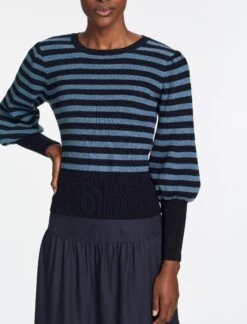 Eva Wool Crew Neck Jumper - Navy Pale Blue Stripe -Cefinn Clothing Store AU23 K88 EVA BLUESTRIPE 1720