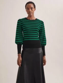 Eva Wool Crew Neck Jumper - Black Emerald Green Stripe -Cefinn Clothing Store AU23 K88 EVA EMERALDBLACKSTRIPE SK119 TIANA BLACK 532