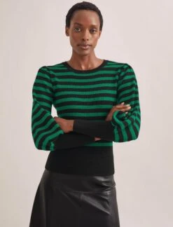 Eva Wool Crew Neck Jumper - Black Emerald Green Stripe -Cefinn Clothing Store AU23 K88 EVA EMERALDBLACKSTRIPE SK119 TIANA BLACK 552