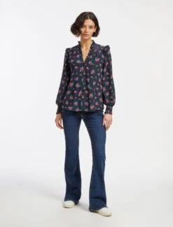Stella Silk Shirt - Navy Posy Print -Cefinn Clothing Store AU23 S46 STELLA NAVYPINKPOSYPRINT LS 15499