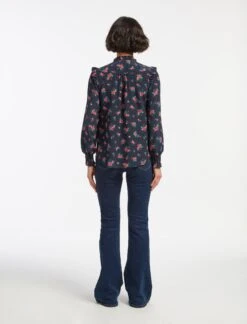 Stella Silk Shirt - Navy Posy Print -Cefinn Clothing Store AU23 S46 STELLA NAVYPINKPOSYPRINT LS 15531
