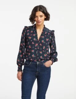 Stella Silk Shirt - Navy Posy Print -Cefinn Clothing Store AU23 S46 STELLA NAVYPINKPOSYPRINT LS 15573