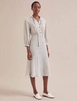 Daria Silk Midi Dress - Cream Floral Tile Print