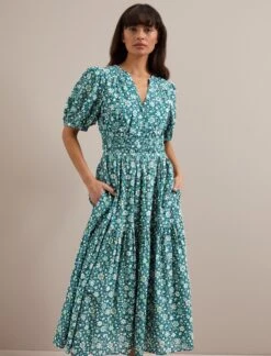 Olive Cotton Blend Midi Dress - Green Ditsy Carnation Print -Cefinn Clothing Store AU24 D648 OLIVE GREEN DITSY CARNATION PRINT 2751