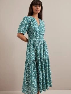 Olive Cotton Blend Midi Dress - Green Ditsy Carnation Print -Cefinn Clothing Store AU24 D648 OLIVE GREEN DITSY CARNATION PRINT 2758