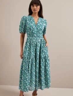 Olive Cotton Blend Midi Dress - Green Ditsy Carnation Print -Cefinn Clothing Store AU24 D648 OLIVE GREEN DITSY CARNATION PRINT 2776