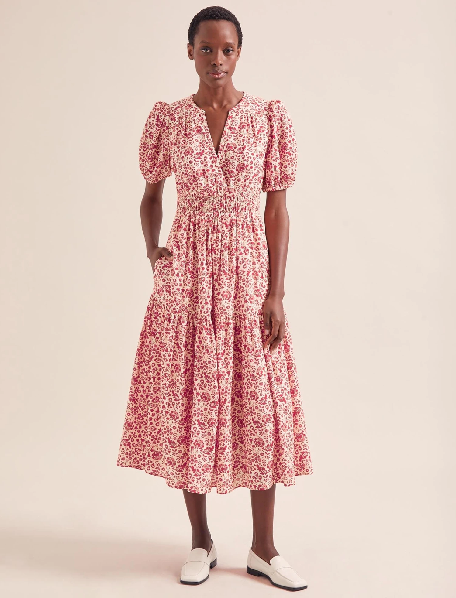 Olive Cotton Blend Midi Dress - Red Mono Floral Print 3 Olive Cotton Blend Midi Dress - Red Mono Floral Print