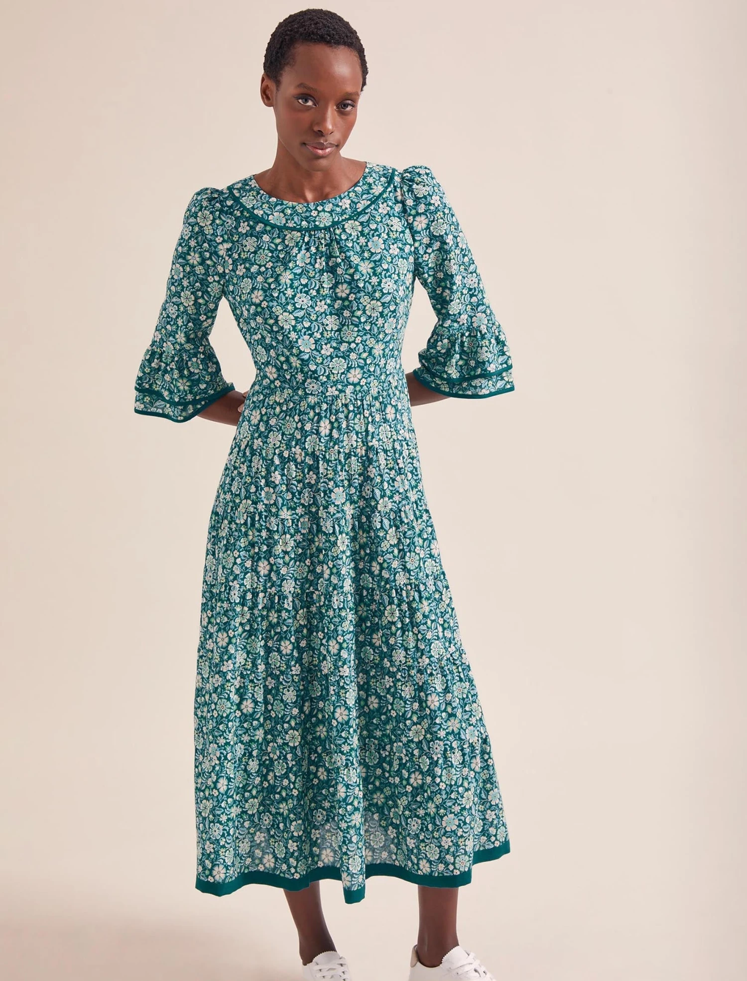 Elodie Cotton Blend Maxi Dress - Green Ditsy Carnation Print 7 Elodie Cotton Blend Maxi Dress - Green Ditsy Carnation Print - Image 5