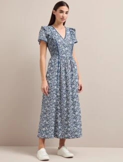 Maeve Cotton Blend Maxi Dress - Blue Mono Floral Print -Cefinn Clothing Store AU24 D657 MAEVE BLUEMONOFLORALPRINT LS 1328
