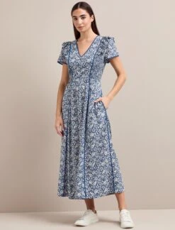 Maeve Cotton Blend Maxi Dress - Blue Mono Floral Print -Cefinn Clothing Store AU24 D657 MAEVE BLUEMONOFLORALPRINT LS 1352