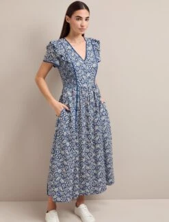 Maeve Cotton Blend Maxi Dress - Blue Mono Floral Print -Cefinn Clothing Store AU24 D657 MAEVE BLUEMONOFLORALPRINT LS 1373