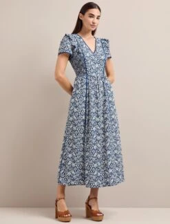 Maeve Cotton Blend Maxi Dress - Blue Mono Floral Print -Cefinn Clothing Store AU24 D657 MAEVE BLUEMONOFLORALPRINT LS 1416