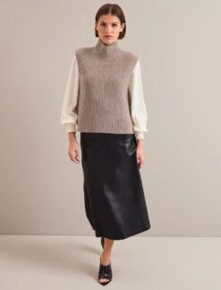 Janie Cashmere Blend Funnel Neck Sleeveless Jumper - Taupe -Cefinn Clothing Store AU24 K156 JANICE TAUPE 1021