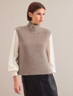 Janie Cashmere Blend Funnel Neck Sleeveless Jumper - Taupe -Cefinn Clothing Store AU24 K156 JANICE TAUPE 1026