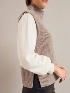 Janie Cashmere Blend Funnel Neck Sleeveless Jumper - Taupe -Cefinn Clothing Store AU24 K156 JANICE TAUPE 1083