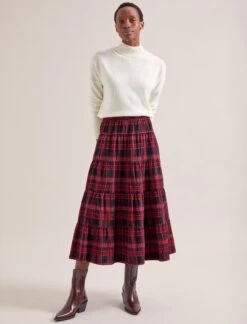 Maria Organic Cotton Seersucker Maxi Skirt - Red Black -Cefinn Clothing Store AU24 SK185 MARIA RED BLACK LS 20190