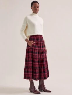 Maria Organic Cotton Seersucker Maxi Skirt - Red Black -Cefinn Clothing Store AU24 SK185 MARIA RED BLACK LS 20241