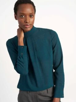 Riley Funnel Neck Blouse - Petrol Blue