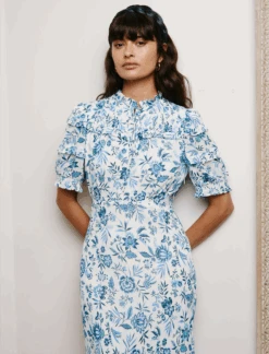 Viola Cotton Blend Bias Cut Maxi Dress - White Blue Palm Floral -Cefinn Clothing Store CEFINN 240201 3483