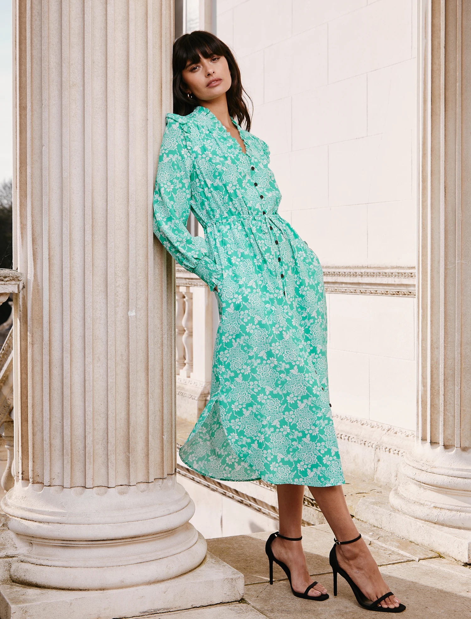 Stella Silk Midi Dress - Green Damask Print 5 Stella Silk Midi Dress - Green Damask Print - Image 3