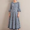 Elodie Cotton Blend Maxi Dress - Blue Mono Floral Print -Cefinn Clothing Store ELODIE BLUE FLORAL 1113