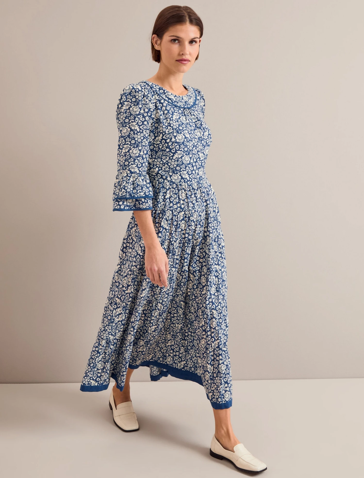 Elodie Cotton Blend Maxi Dress - Blue Mono Floral Print 7 Elodie Cotton Blend Maxi Dress - Blue Mono Floral Print - Image 5