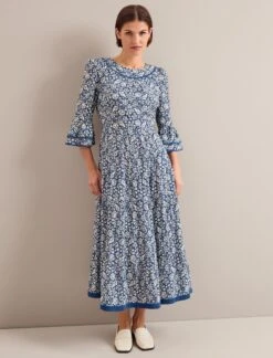 Elodie Cotton Blend Maxi Dress - Blue Mono Floral Print 16 Elodie Cotton Blend Maxi Dress - Blue Mono Floral Print -Cefinn Clothing Store ELODIE BLUE FLORAL 1156