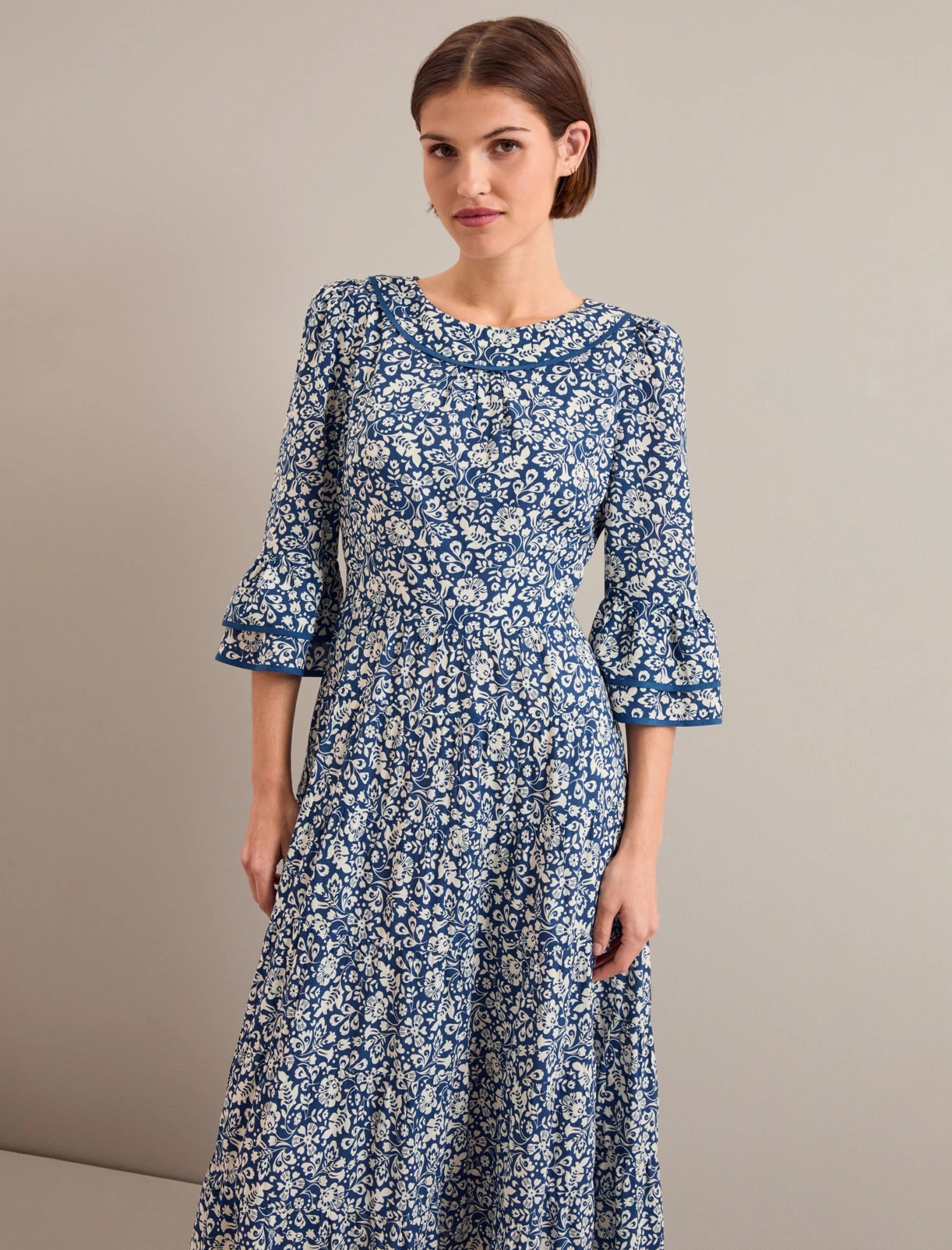 Elodie Cotton Blend Maxi Dress - Blue Mono Floral Print 9 Elodie Cotton Blend Maxi Dress - Blue Mono Floral Print - Image 7