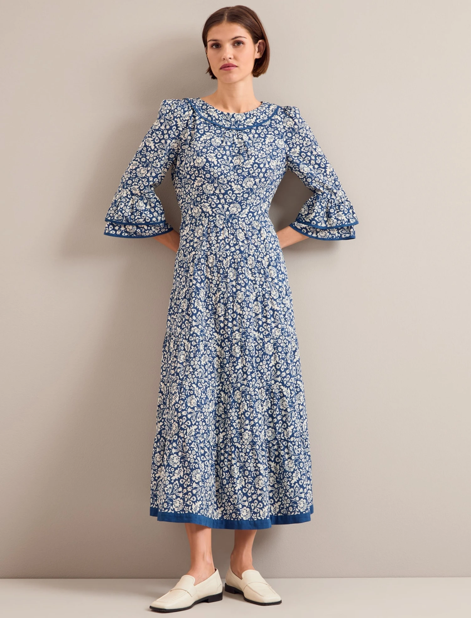 Elodie Cotton Blend Maxi Dress - Blue Mono Floral Print 5 Elodie Cotton Blend Maxi Dress - Blue Mono Floral Print - Image 3
