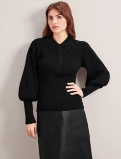 Eva Merino Wool Collared Jumper - Black -Cefinn Clothing Store RSHT 143 EVA BLACK LS 0911