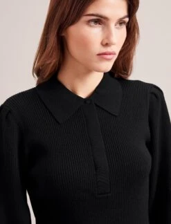 Eva Merino Wool Collared Jumper - Black -Cefinn Clothing Store RSHT 143 EVA BLACK LS 0928