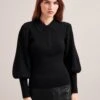 Eva Merino Wool Collared Jumper - Black 1 Eva Merino Wool Collared Jumper - Black -Cefinn Clothing Store RSHT 143 EVA BLACK LS 0944