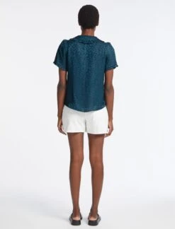 Rosa Silk Blend Blouse - Petrol Blue Leopard Pansy Print -Cefinn Clothing Store RSHT B139 ROSA PETROL BLUE LS 4559