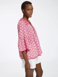 Hester Cotton Blouse - Pink Diamond Geo Print -Cefinn Clothing Store RSHT B150 HESTER PINKDIAMONDGEOPRINT LS0098
