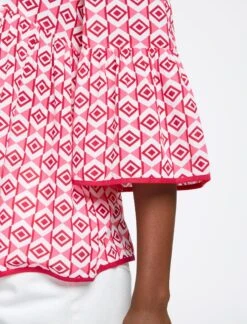 Hester Cotton Blouse - Pink Diamond Geo Print -Cefinn Clothing Store RSHT B150 HESTER PINKDIAMONDGEOPRINT LS0122