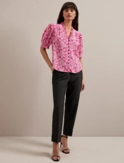 Stella Silk Blouse - Hot Pink Damask Print -Cefinn Clothing Store RSHT B158 STELLA HOTPINKDAMASKPRINT LS 3189