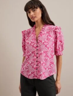 Stella Silk Blouse - Hot Pink Damask Print -Cefinn Clothing Store RSHT B158 STELLA HOTPINKDAMASKPRINT LS 3208