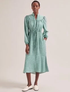 Zahra Midi Dress - Ecru Green Houndstooth Print