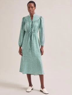 Zahra Midi Dress - Ecru Green Houndstooth Print -Cefinn Clothing Store RSHT D615 ZAHRA ECRUGREENHOUNDSTOOTHPRINT LS 19608